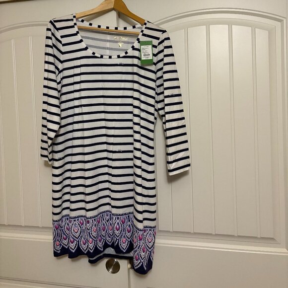 Lilly Pulitzer Beacon Dress Xtra Large XL Serene Stripe Peacock Print Hem NWT - Picture 1 of 3